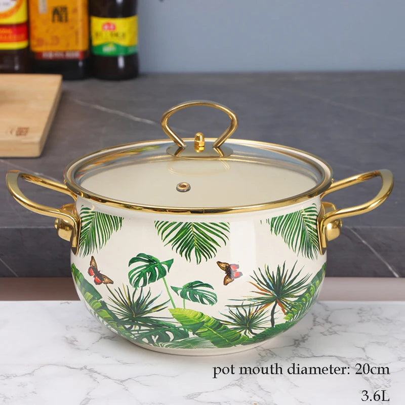 Retro Floral Enamel Soup Pot with Lid | Gas & Induction | 4 Designs | 2L–5.5L B 3.6L