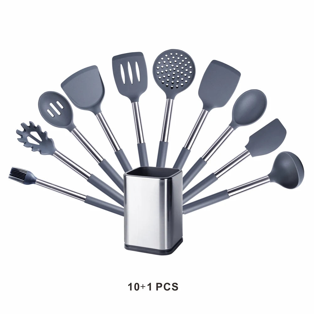 Silicone Kitchen Utensils Set with Stainless Steel Handles – Non-Stick Safe, Heat Resistant | Grey & Black | Available in 5 to 15-Piece Sets Grey — 10 Piece Set with Holder