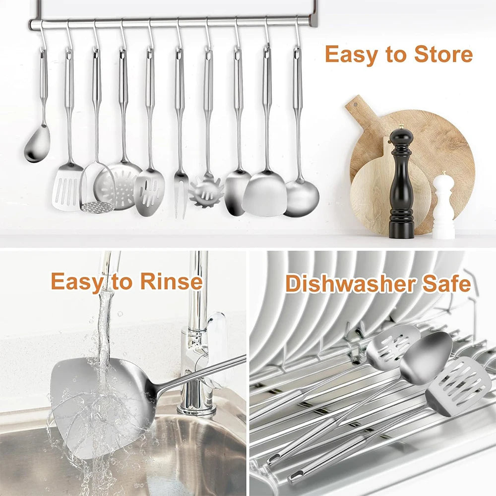 Stainless Steel Kitchen Utensils Set – Long 304 Stainless Steel Cooking Utensil Set, Includes Ladle, Whisk, Tongs, Spatula, Skimmer, Turner, Pasta Server & More, Heat-Resistant & Dishwasher Safe, Available in 3 Sizes