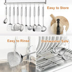 Stainless Steel Kitchen Utensils Set – Long 304 Stainless Steel Cooking Utensil Set, Includes Ladle, Whisk, Tongs, Spatula, Skimmer, Turner, Pasta Server & More, Heat-Resistant & Dishwasher Safe, Available in 3 Sizes