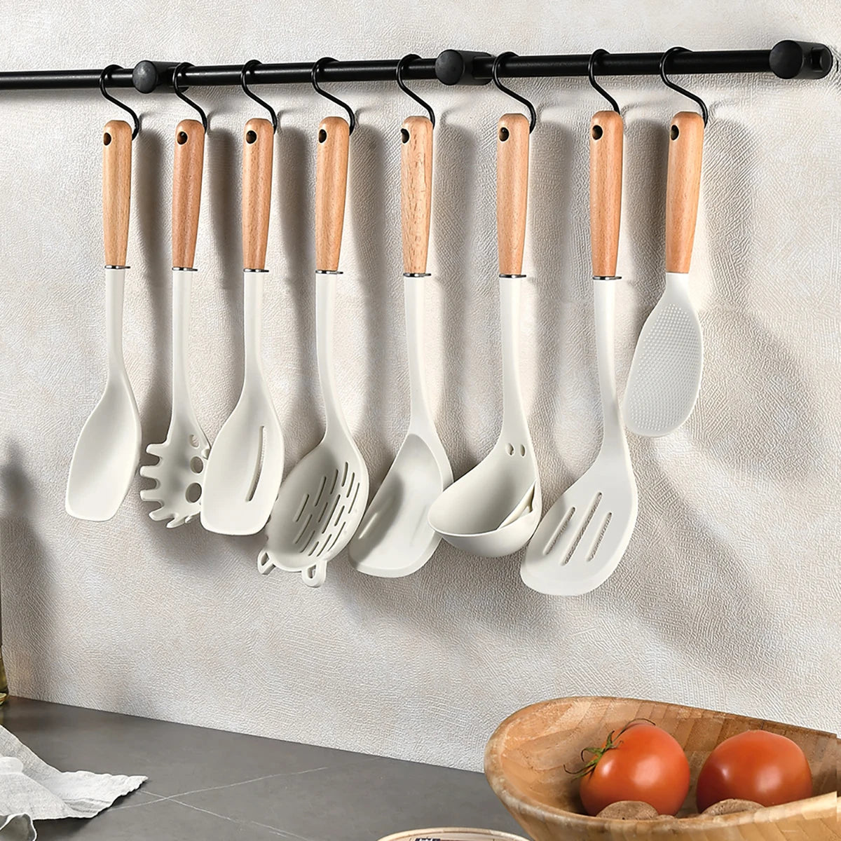 8-Piece Silicone Kitchen Utensils Set with Wooden Handles – Non-Stick Safe | Cream, White & Green
