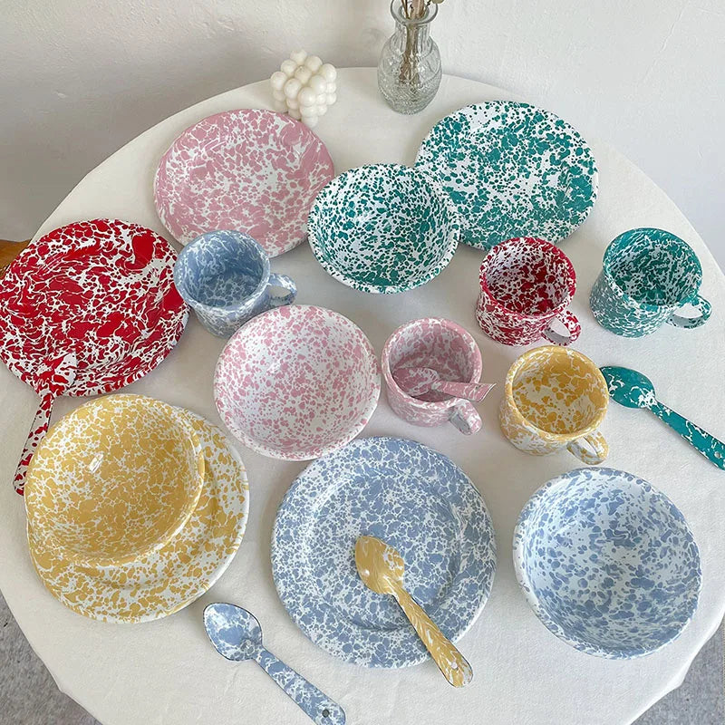 Retro Enamel Dinnerware | Splash Ink Pattern | Plates, Bowls, Cups & Spoons | Assorted Designs