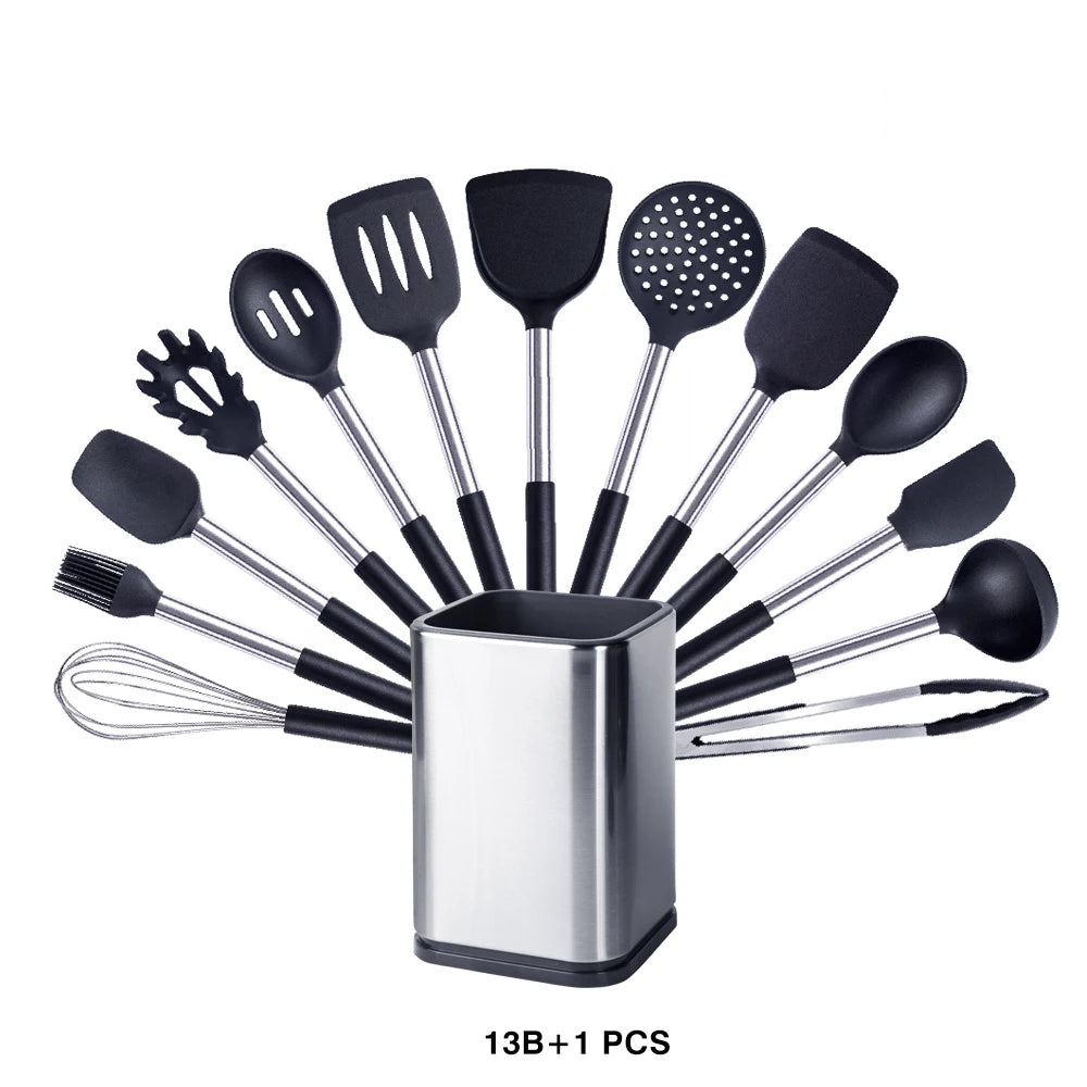 Silicone Kitchen Utensils Set with Stainless Steel Handles – Non-Stick Safe, Heat Resistant | Grey & Black | Available in 5 to 15-Piece Sets Black — 13 Piece Set with Holder