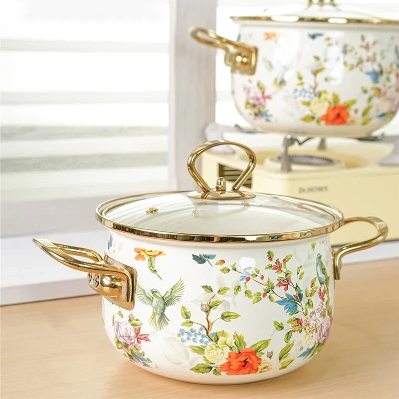 Retro Floral Enamel Soup Pot with Lid | Gas & Induction | 4 Designs | 2L–5.5L