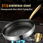 Honeycomb Stainless Steel Non-Stick Frying Pan with Golden Handle | 316 Stainless Steel | Induction & Gas Compatible | Ideal for Steak, Eggs, Pancakes, Fish & Stir-Fries | Available in 22cm, 24cm, 26cm, 28cm & 30cm