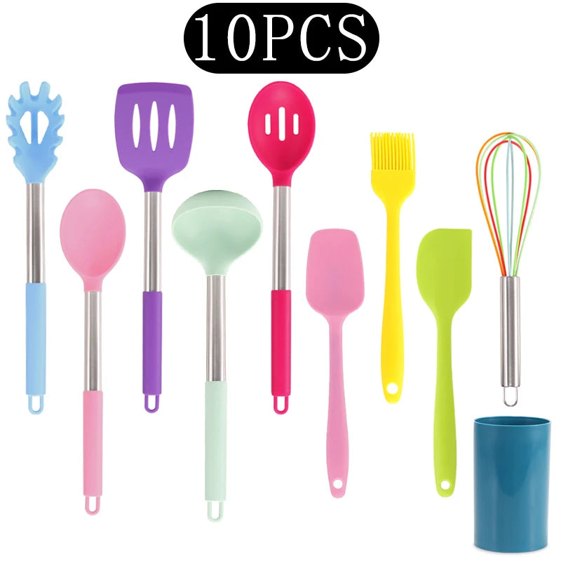 Silicone Kitchen Utensils Set with Stainless Steel Handles – Non-Stick, Heat-Resistant Cooking Utensils for Everyday Cooking & Baking, Available in 4 Colours & Multiple Set Sizes 10-Piece Rainbow