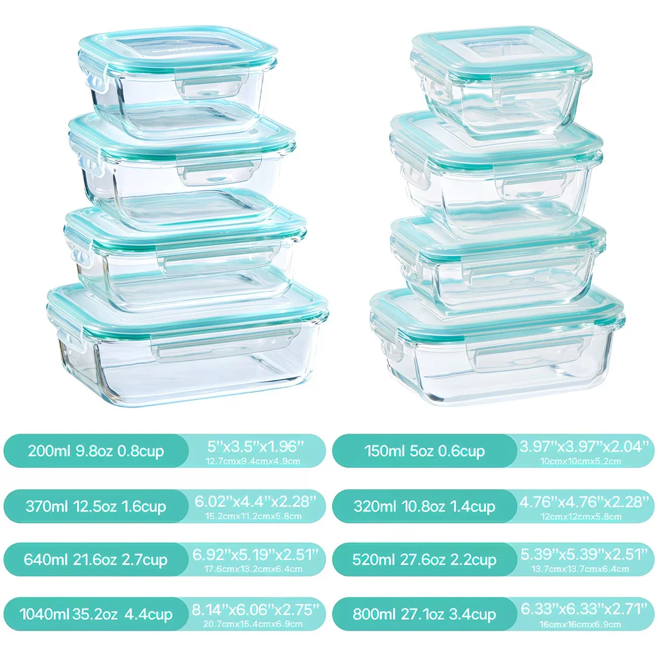8-Piece Glass Food Storage Container Set with Lids – Microwave, Dishwasher & Fridge Safe, Meal Prep Rectangular Lunch Boxes
