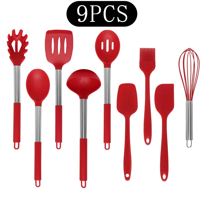 Silicone Kitchen Utensils Set with Stainless Steel Handles – Non-Stick, Heat-Resistant Cooking Utensils for Everyday Cooking & Baking, Available in 4 Colours & Multiple Set Sizes 9-Piece Red