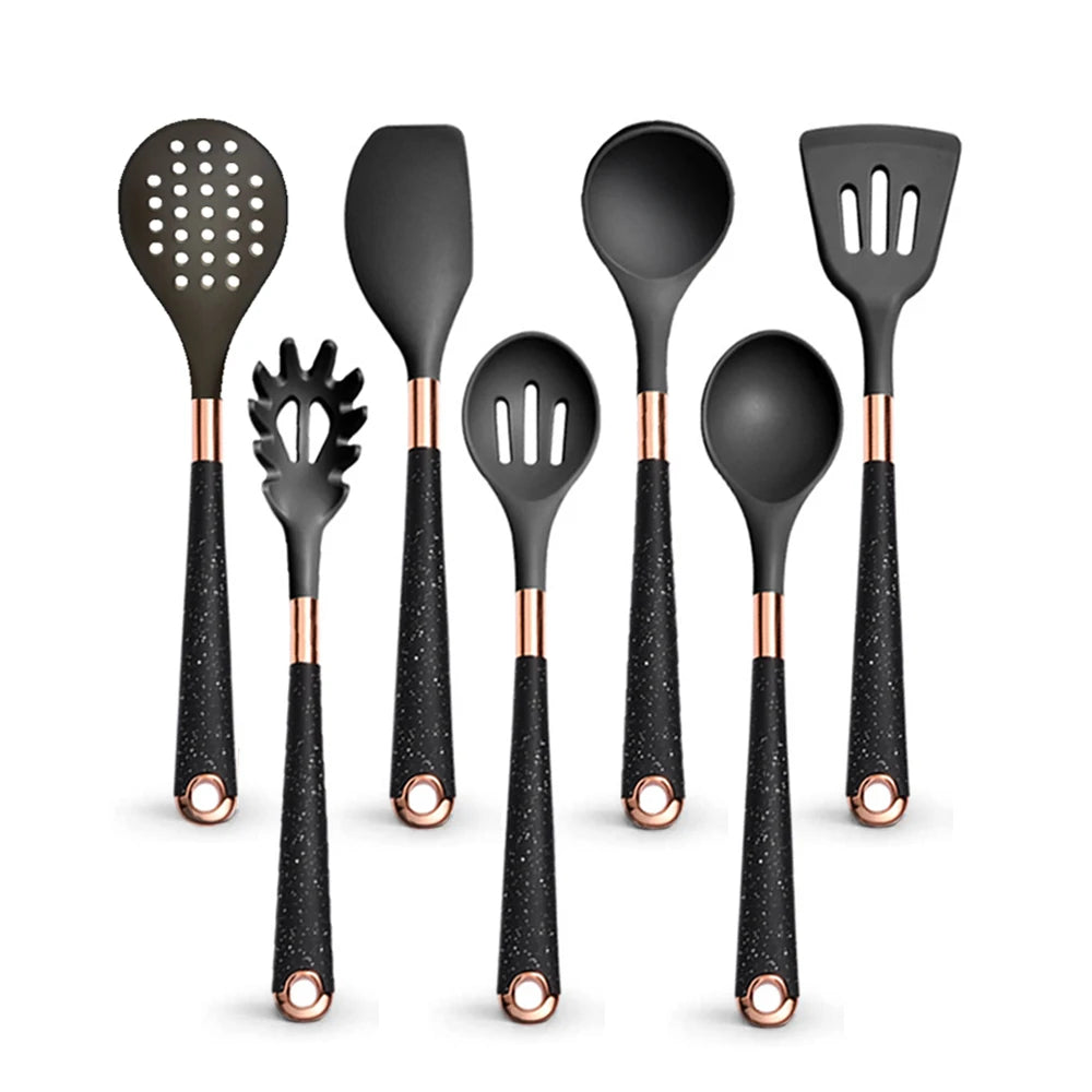 Silicone Cooking Utensils Set with Gold-Plated Handles – Non-Stick Safe, Heat Resistant | Black &amp; Beige | Available in 5, 7, 10 &amp; 12-Piece Sets Black — 7 Piece Set