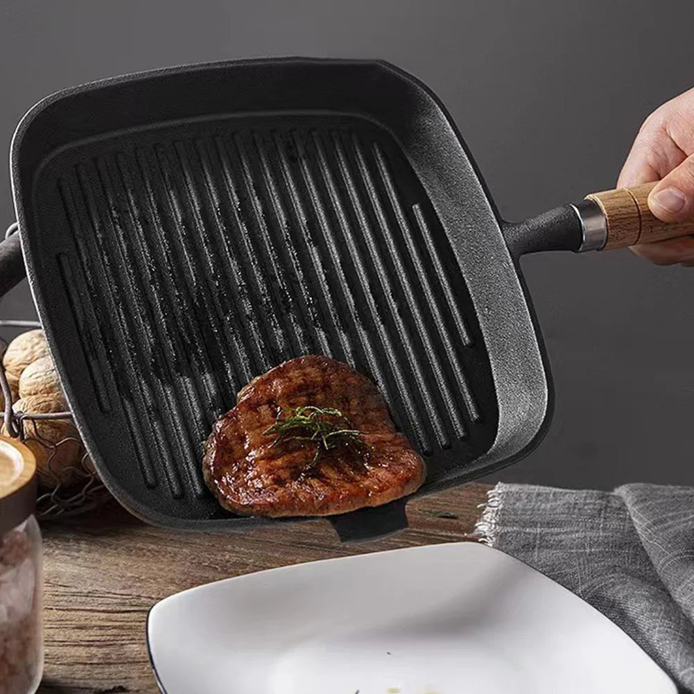 Cast Iron Skillet Frying Pan With Wooden Handle Uncoated Non Stick For Steak Camping Indoor Outdoor Use
