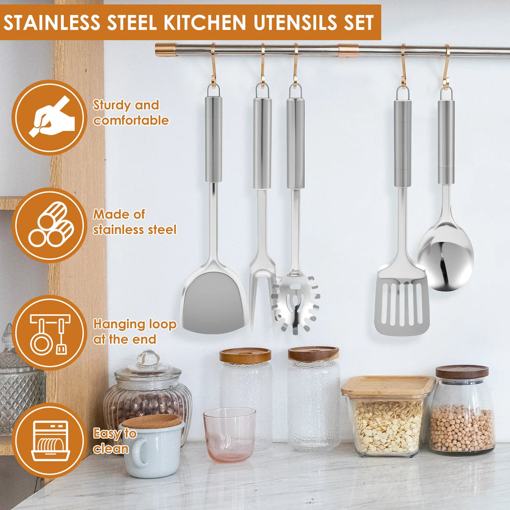 10-Piece Stainless Steel Cooking Utensils Set – Durable and Practical Cooking Utensil Set Featuring a Hanging Loop Design for Easy Storage and Organisation