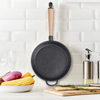 Pre-Seasoned Black Cast Iron Frying Pan Skillet with Removable Wooden Handle – Heavy-Duty Steak Pan for Searing, Frying & Sautéing