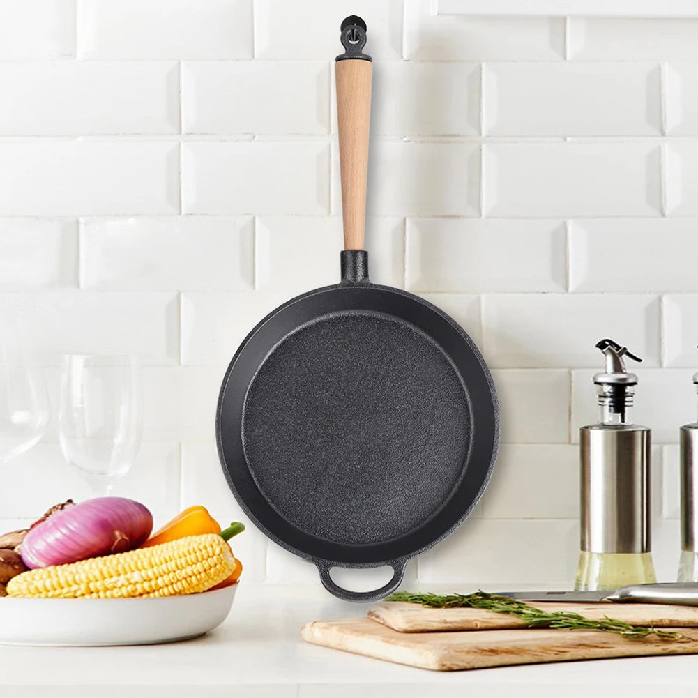 Pre-Seasoned Black Cast Iron Frying Pan Skillet with Removable Wooden Handle – Heavy-Duty Steak Pan for Searing, Frying & Sautéing