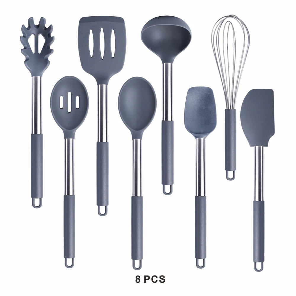 Silicone Kitchen Utensils Set with Stainless Steel Handles – Non-Stick Safe, Heat Resistant | Grey & Black | Available in 5 to 15-Piece Sets Grey — 8 Piece Set
