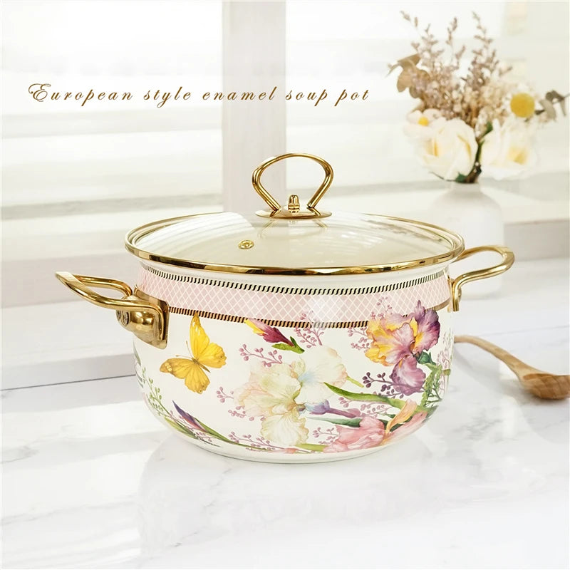 Retro Floral Enamel Stew Pot with Lid | Double Handle | 2 Designs | 2.8L–5L
