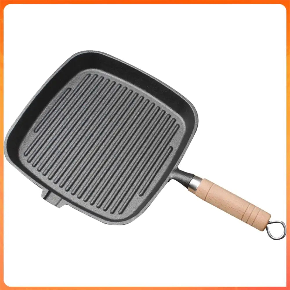 Cast Iron Skillet Frying Pan With Wooden Handle Uncoated Non Stick For Steak Camping Indoor Outdoor Use China Mainland