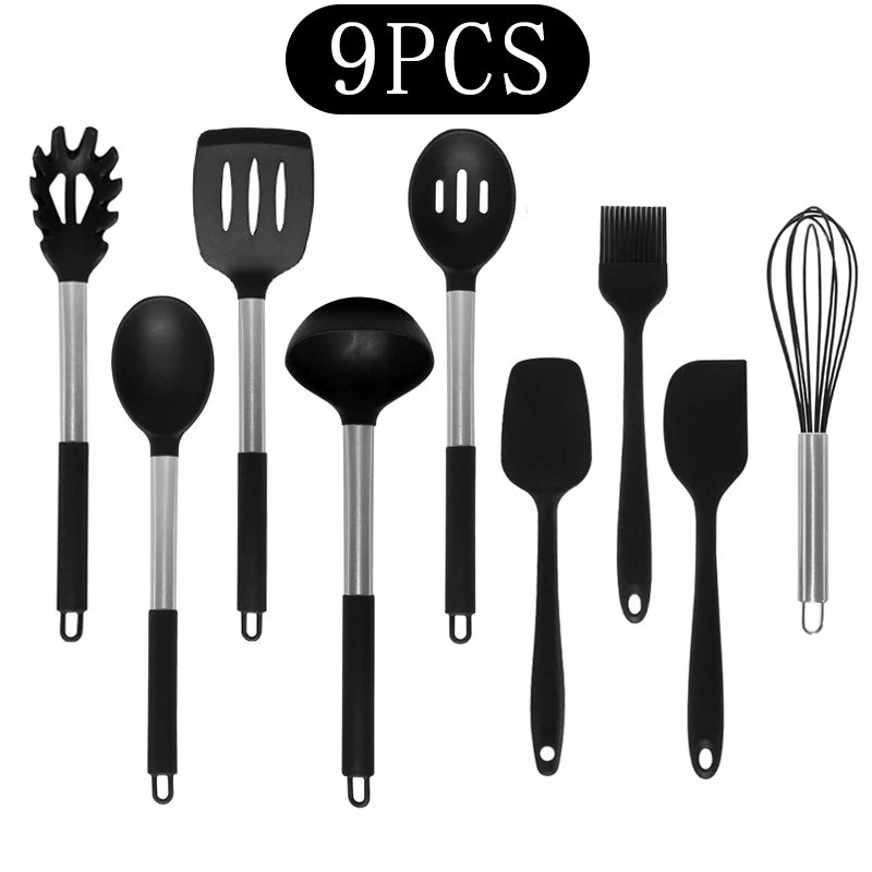 Silicone Kitchen Utensils Set with Stainless Steel Handles – Non-Stick, Heat-Resistant Cooking Utensils for Everyday Cooking & Baking, Available in 4 Colours & Multiple Set Sizes 9-Piece Black