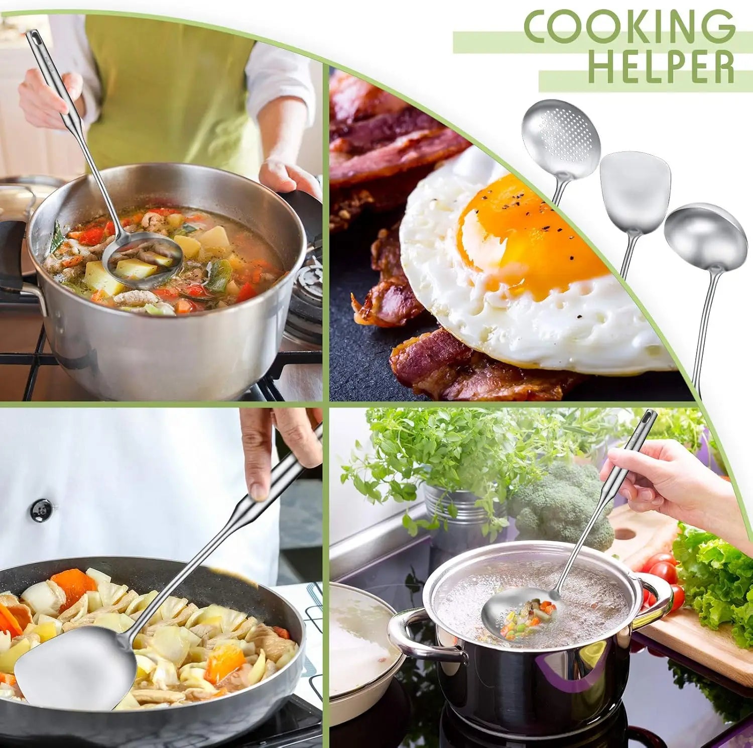 Stainless Steel Kitchen Utensils Set – Includes Wok Spatula (Turner) & Skimmer, Ladle, Heat-Resistant for Everyday Cooking Convenience