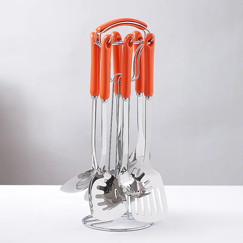 7-Piece Stainless Steel Kitchen Utensil Set with Ceramic Handle – Heat Resistant, Easy to Clean, Great for Cooking, Serving, and Everyday Kitchen Use 7Pcs Orange