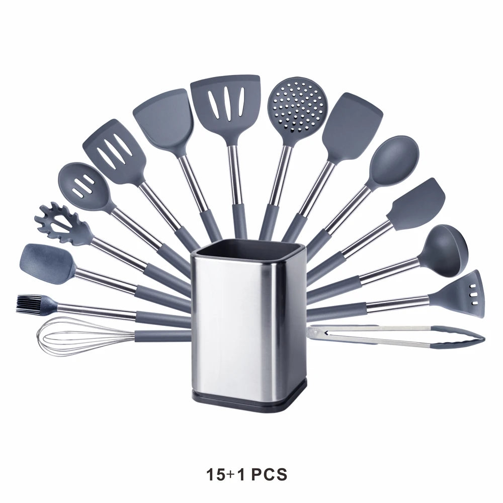 Silicone Kitchen Utensils Set with Stainless Steel Handles – Non-Stick Safe, Heat Resistant | Grey & Black | Available in 5 to 15-Piece Sets Grey — 15 Piece Set with Holder