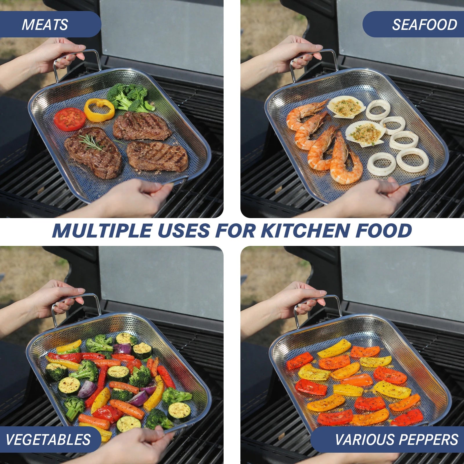 Stainless Steel Perforated BBQ Grill Pan with Micro-Perforated Mesh – Outdoor Roasting & Baking Tray for Steak, Meat, Vegetables & Seafood, Rust-Resistant BBQ Roasting Tray with Even Heat Distribution