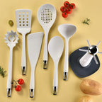 7-Piece Silicone Kitchen Utensils Set with 360° Rotating Countertop Holder – White silicone heads and handles with silver-tone stainless steel hanging hooks/end caps. Heat-Resistant, Dishwasher Safe