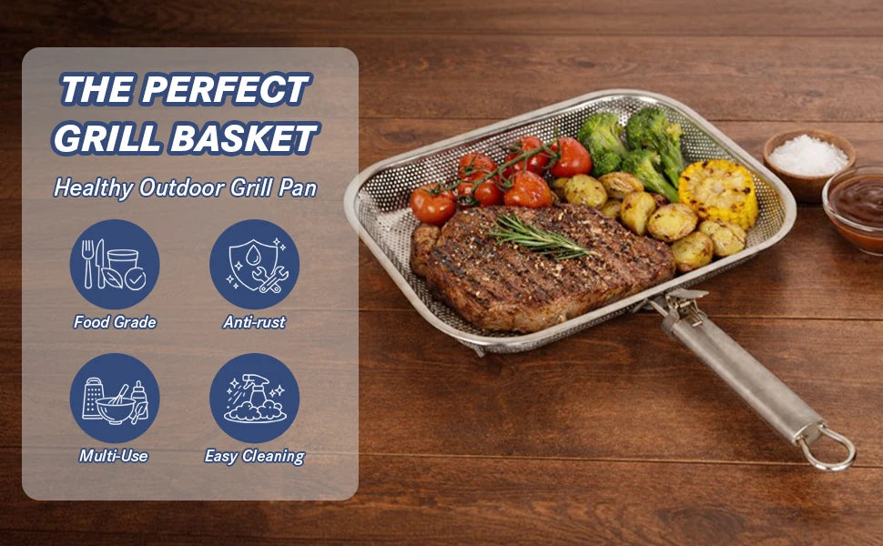 Perforated Stainless Steel Grill Basket with Detachable Handle – Rectangular BBQ Tray for Grilling Vegetables, Fish, and Meat, Ideal for Outdoor Cooking, Food-Grade Stainless Steel, Anti-Rust, Multi-Use, Easy Cleaning