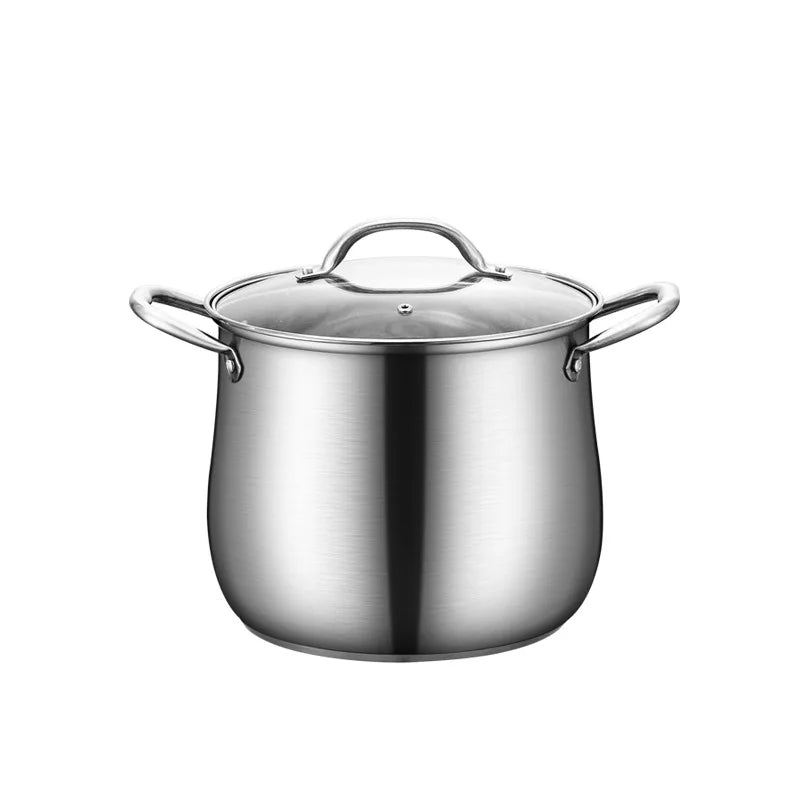 Stainless Steel Soup Pot with Glass Lid & Gold Handles – Thickened Base, Induction Compatible, Great for Soups, Stews, and Everyday Cooking Silver