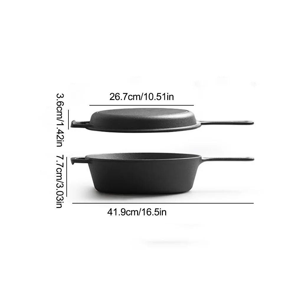 Heavy-Duty 2-in-1 Cast Iron Combo – Pre-Seasoned 10-Inch Dutch Oven (3 Quart Capacity) with Reversible Frying Pan Lid, Multi-Purpose Cookware for Bread, Roasting & Everyday Cooking