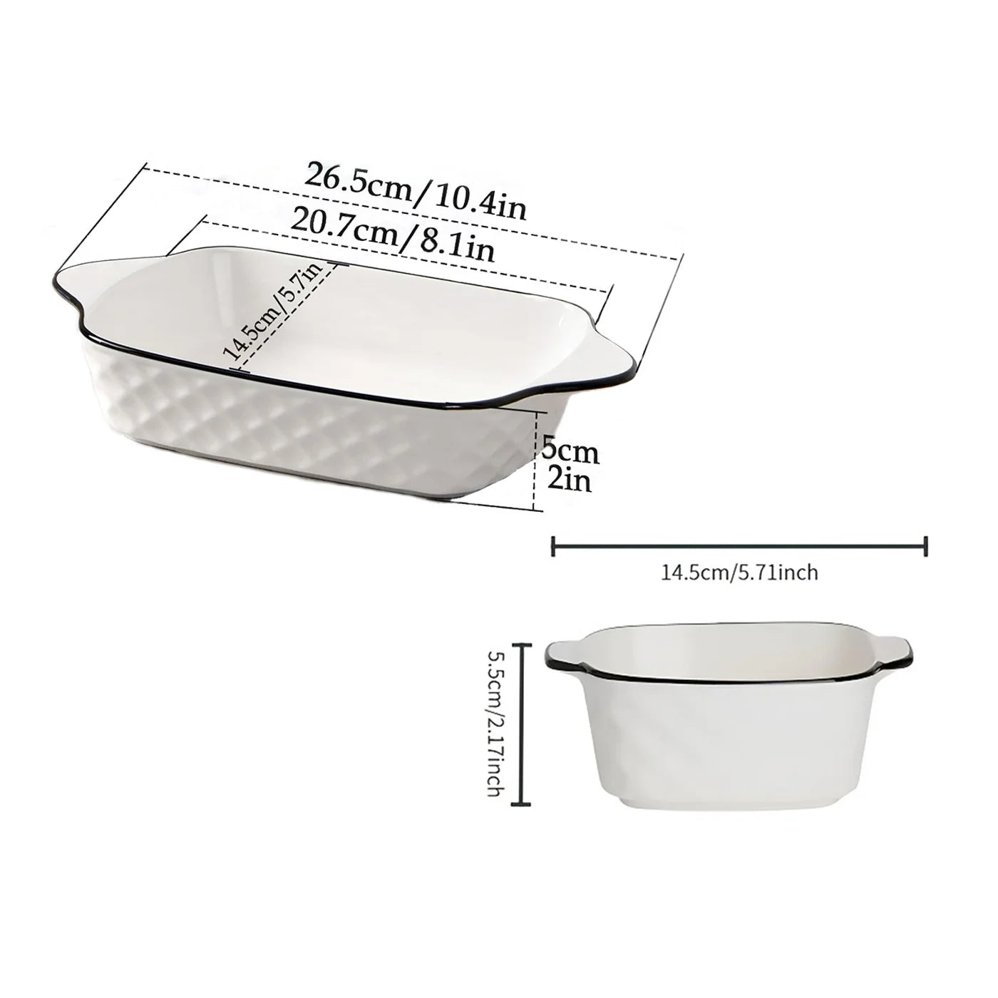 White Porcelain Baking Dish Set with Black Rim & Handles – Diamond Embossed, Oven Safe, Great for Au Gratin, Casseroles, and Everyday Baking