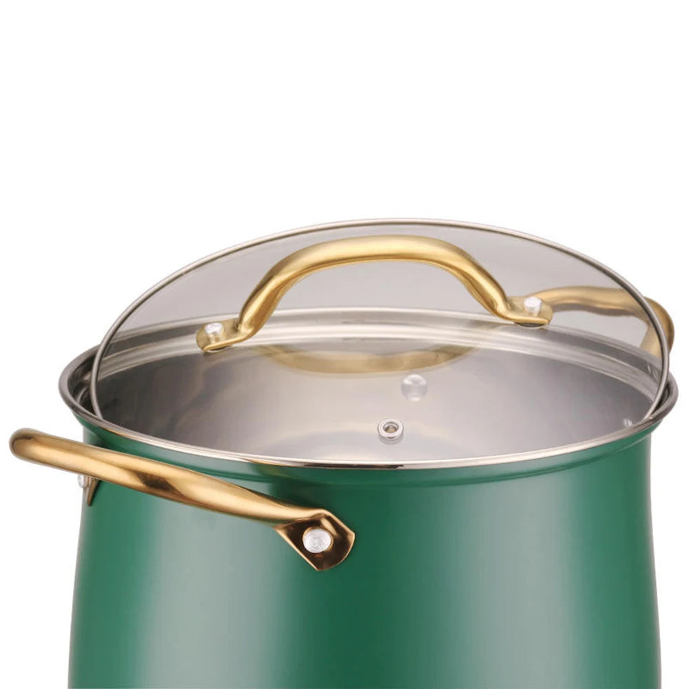 Stainless Steel Soup Pot with Glass Lid & Gold Handles – Thickened Base, Induction Compatible, Great for Soups, Stews, and Everyday Cooking