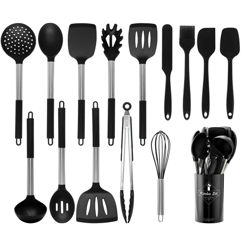 Silicone Kitchen Utensils Set with Stainless Steel Handles – Non-Stick, Heat-Resistant Cooking Utensils for Everyday Cooking & Baking, Available in 4 Colours & Multiple Set Sizes