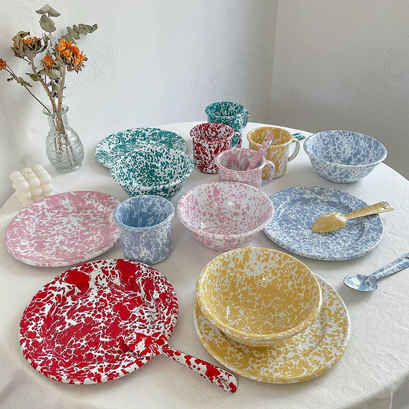 Retro Enamel Dinnerware | Splash Ink Pattern | Plates, Bowls, Cups & Spoons | Assorted Designs
