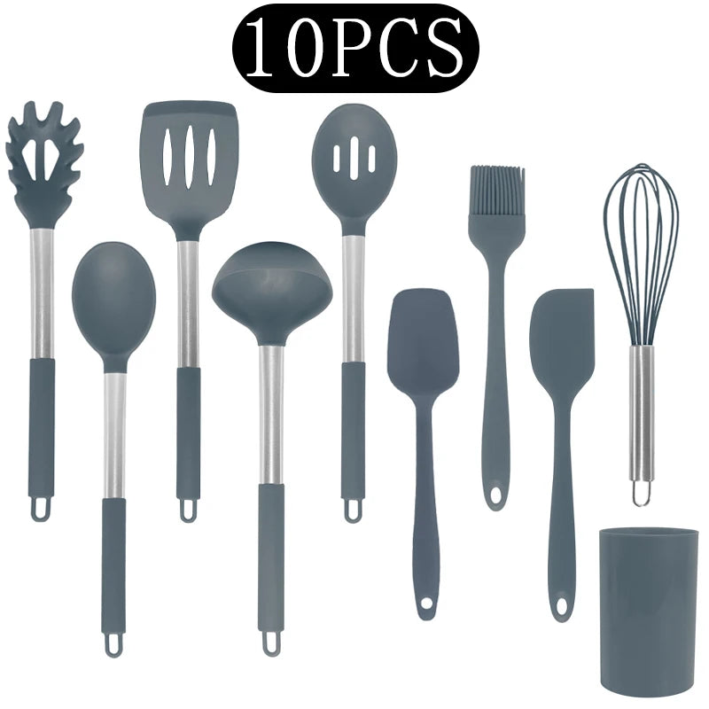 Silicone Kitchen Utensils Set with Stainless Steel Handles – Non-Stick, Heat-Resistant Cooking Utensils for Everyday Cooking & Baking, Available in 4 Colours & Multiple Set Sizes 10-Piece Grey