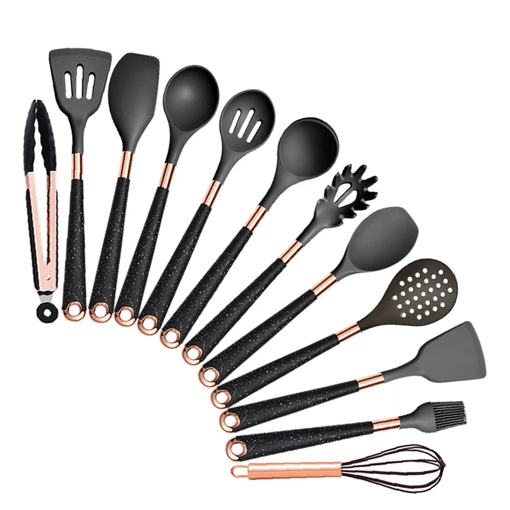 Silicone Cooking Utensils Set with Gold-Plated Handles – Non-Stick Safe, Heat Resistant | Black &amp; Beige | Available in 5, 7, 10 &amp; 12-Piece Sets Black — 12 Piece Set