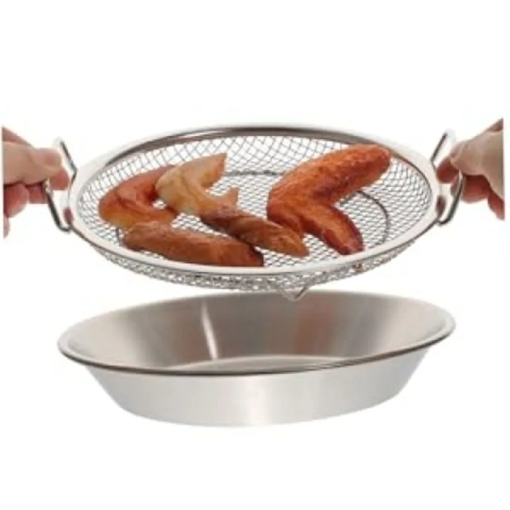 Multi-Use Round Stainless Steel Frying Oil Strainer/Drainer Mesh Rack with Elevated Handles and Drip Tray Set, 2-in-1 Mesh Basket & Tray Combo for Fried Foods, Chicken, Fries & Tempura, Strainer, Vegetable Washing & Baking Cooling