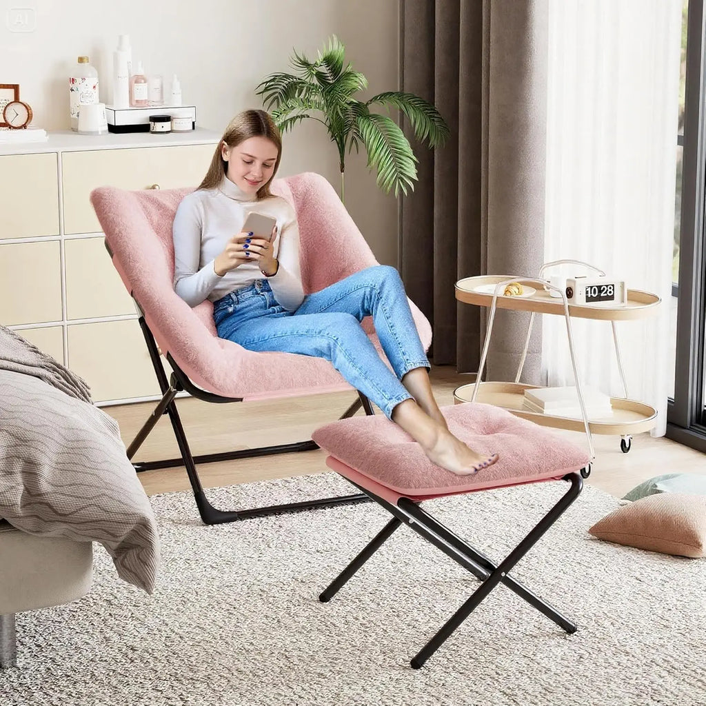 Faux Fur Foldable Lounge Chair with Ottoman | Steel Frame | 5 Colours