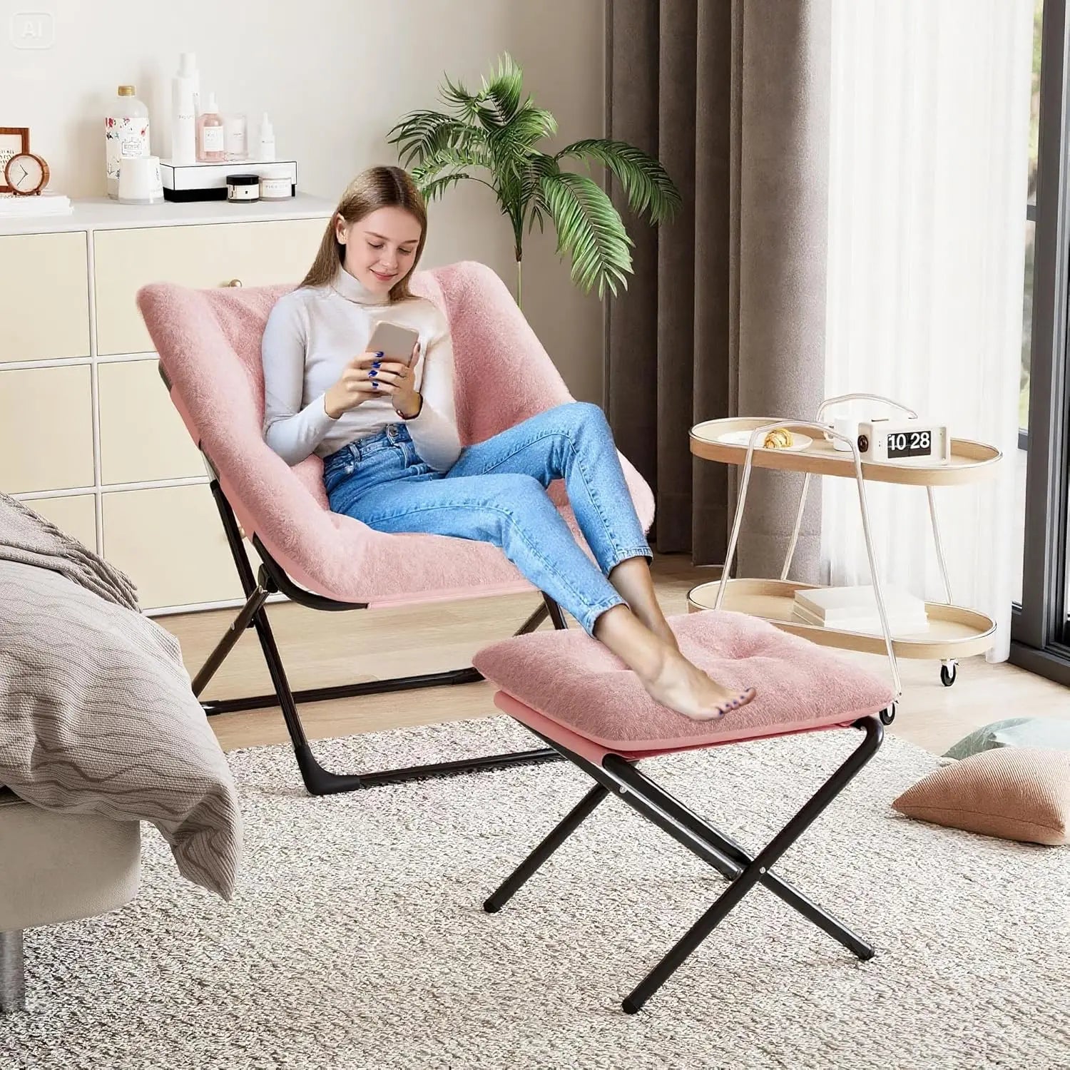 Faux Fur Foldable Lounge Chair with Ottoman | Steel Frame | 5 Colours
