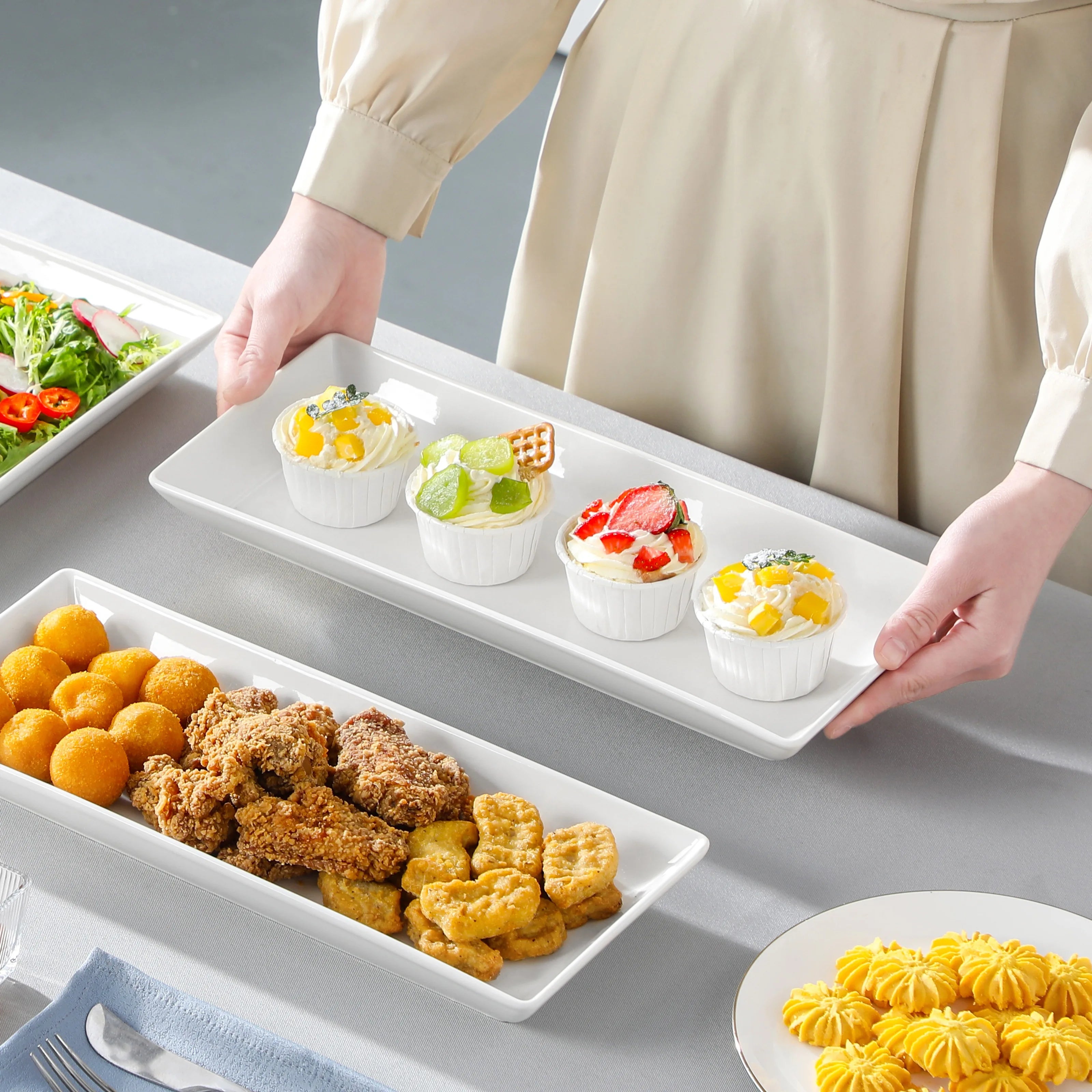 3-Tier Porcelain Buffet Food Display Platter with Stand | Stepped Staggered Design | 12 & 14 Inch