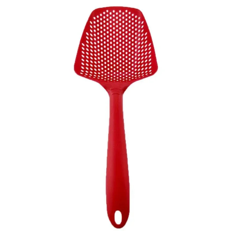 Multi-Purpose Anti-Slip Kitchen Scoop Strainer/Colander – Large Perforated Food Scoop for Draining, Scooping, Filtering Soup, Pasta & Vegetables, with Hanging Hole for Easy Storage, Available in Black, Yellow & Red red