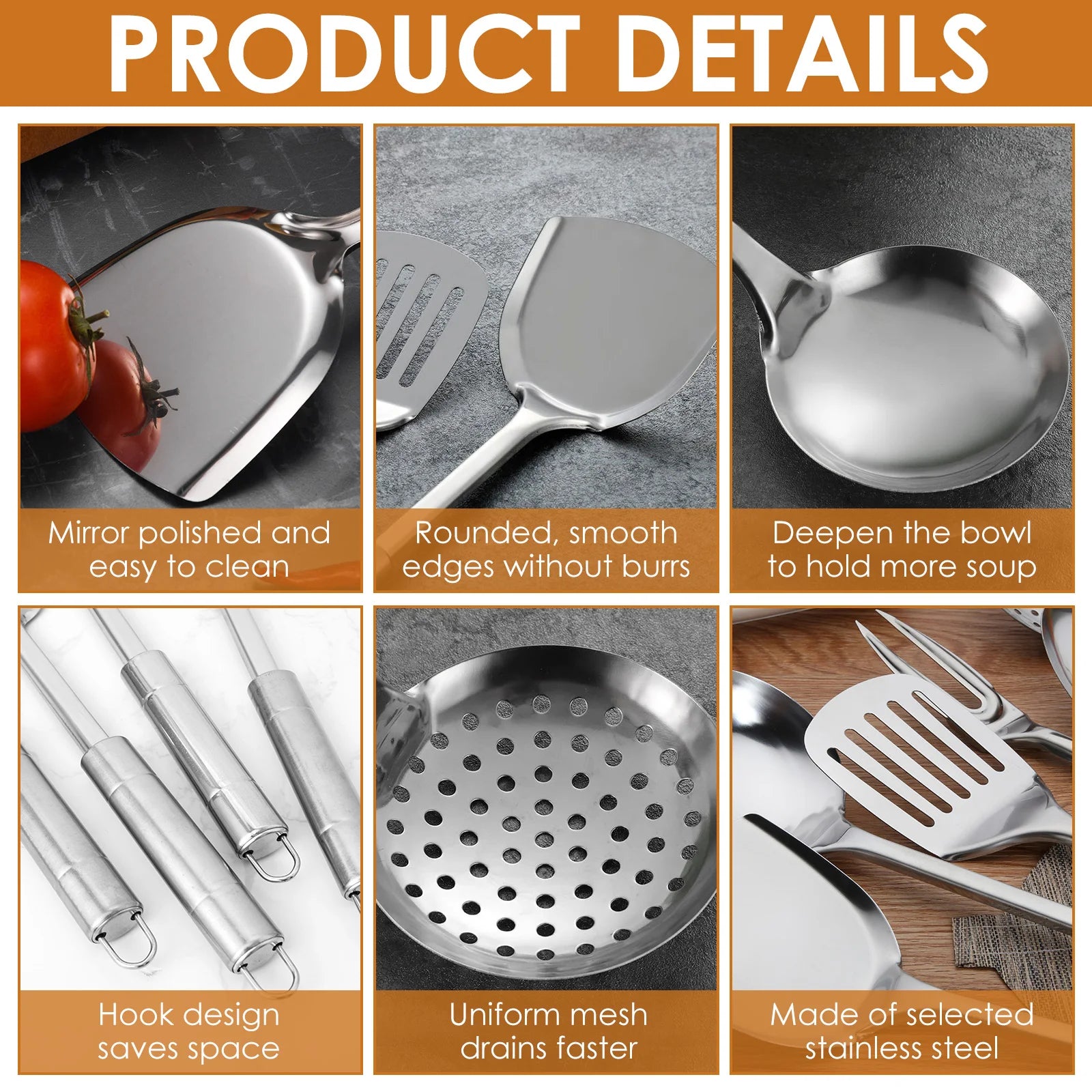 10-Piece Stainless Steel Cooking Utensils Set – Durable and Practical Cooking Utensil Set Featuring a Hanging Loop Design for Easy Storage and Organisation