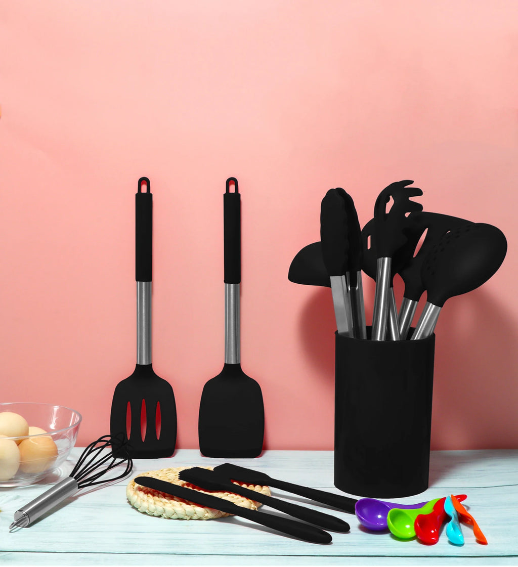 Silicone Kitchen Utensils Set with Stainless Steel Handles – Non-Stick, Heat-Resistant Cooking Utensils for Everyday Cooking & Baking, Available in 4 Colours & Multiple Set Sizes