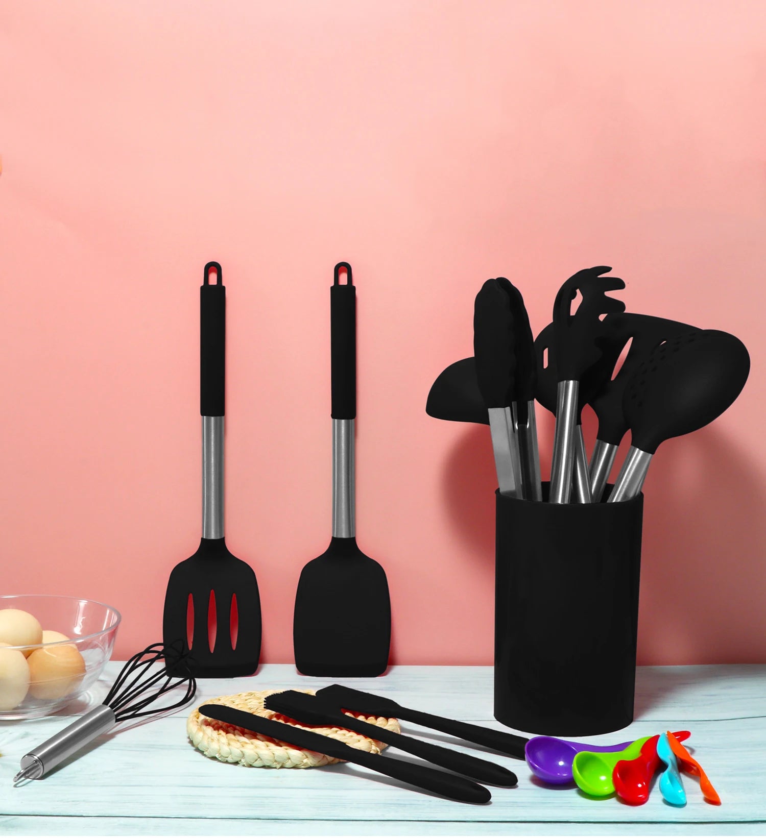 Silicone Kitchen Utensils Set with Stainless Steel Handles – Non-Stick, Heat-Resistant Cooking Utensils for Everyday Cooking & Baking, Available in 4 Colours & Multiple Set Sizes