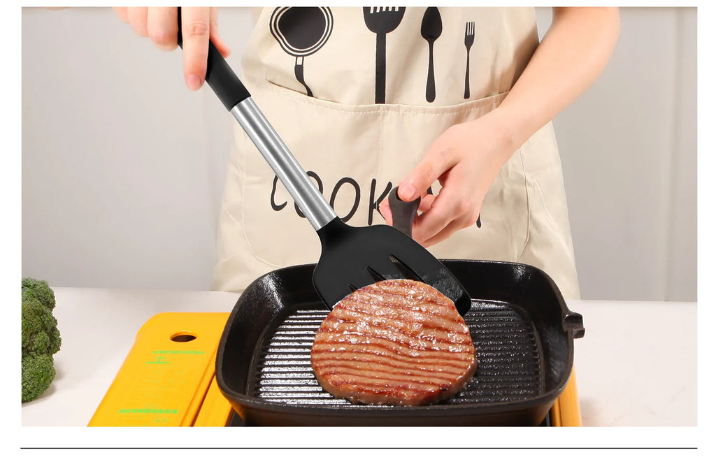 Silicone Kitchen Utensils Set with Stainless Steel Handles – Non-Stick, Heat-Resistant Cooking Utensils for Everyday Cooking & Baking, Available in 4 Colours & Multiple Set Sizes
