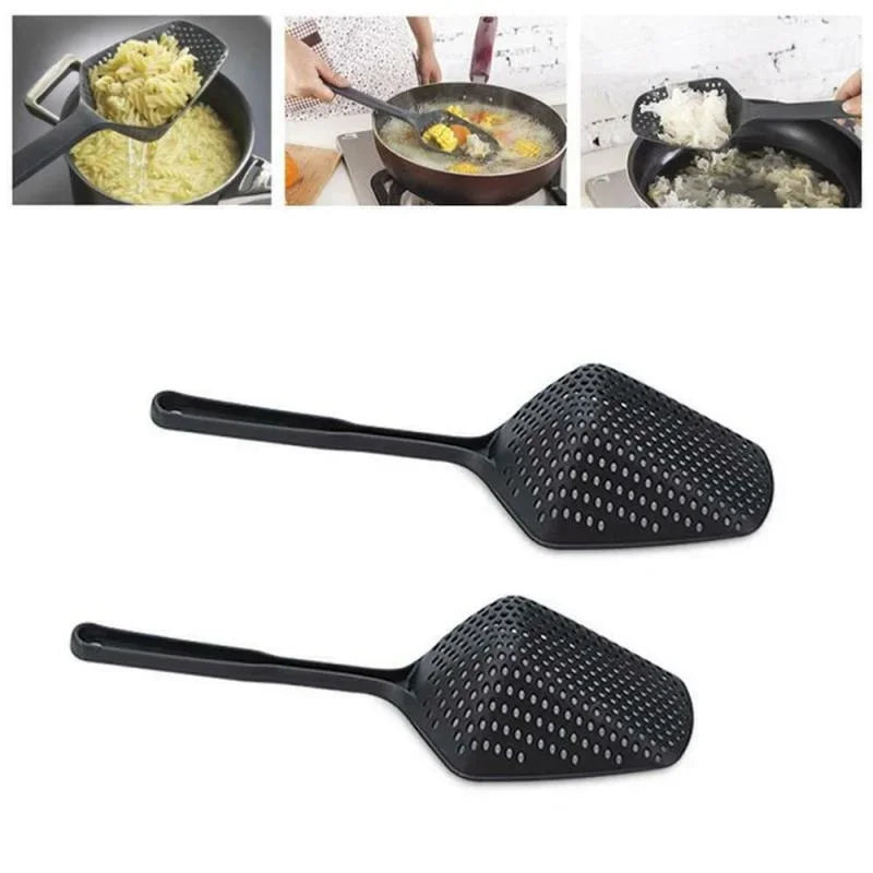 Multi-Purpose Anti-Slip Kitchen Scoop Strainer/Colander – Large Perforated Food Scoop for Draining, Scooping, Filtering Soup, Pasta & Vegetables, with Hanging Hole for Easy Storage, Available in Black, Yellow & Red