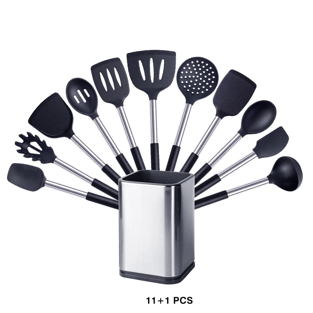 Silicone Kitchen Utensils Set with Stainless Steel Handles – Non-Stick Safe, Heat Resistant | Grey & Black | Available in 5 to 15-Piece Sets Black — 11 Piece Set with Holder