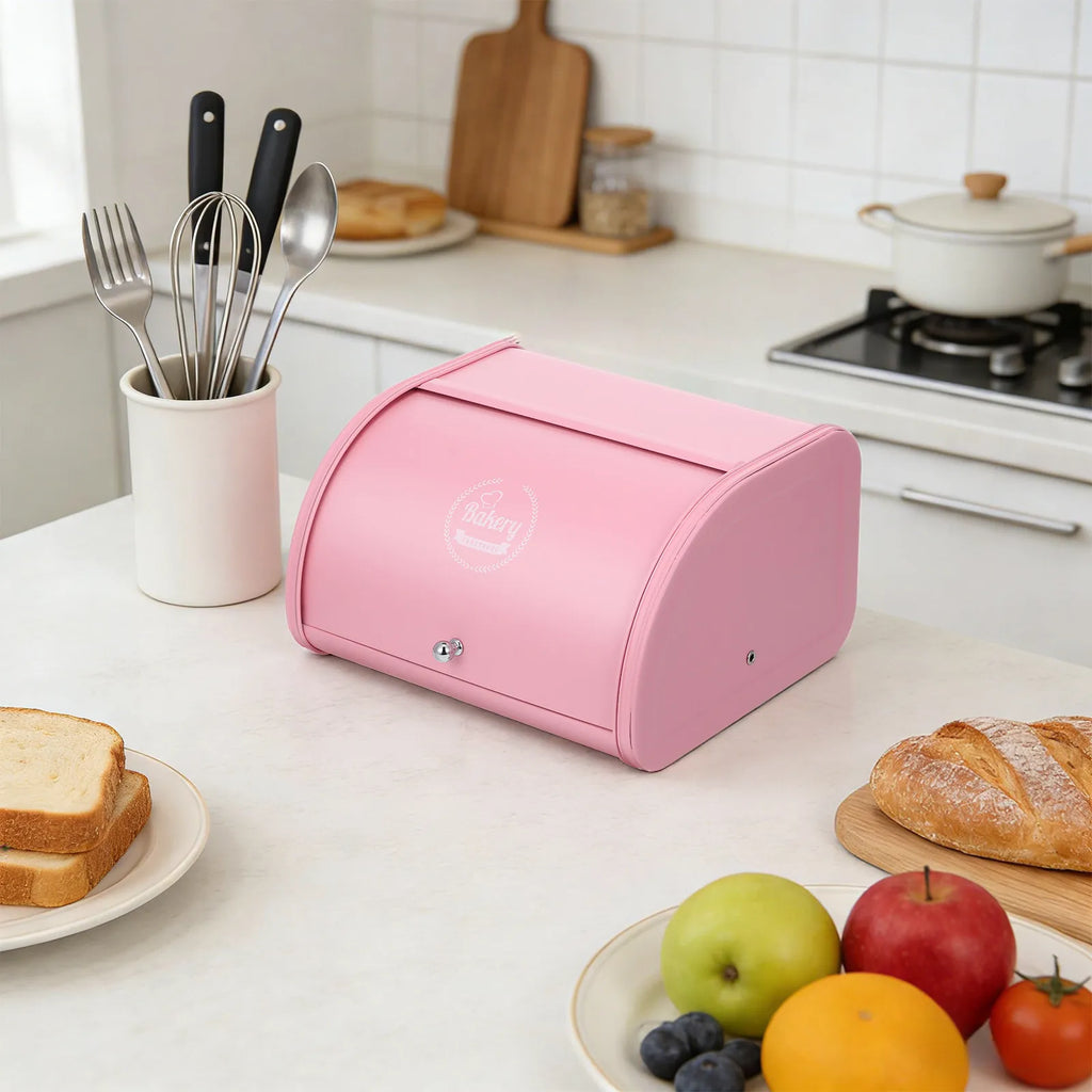 Retro Pink Iron Bread Box with Easy-Glide Rolling Door – Heavy-Duty Rust-Resistant Powder-Coated Metal, Ventilated for Fresh Bread Storage