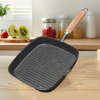 Cast Iron Skillet Frying Pan With Wooden Handle Uncoated Non Stick For Steak Camping Indoor Outdoor Use