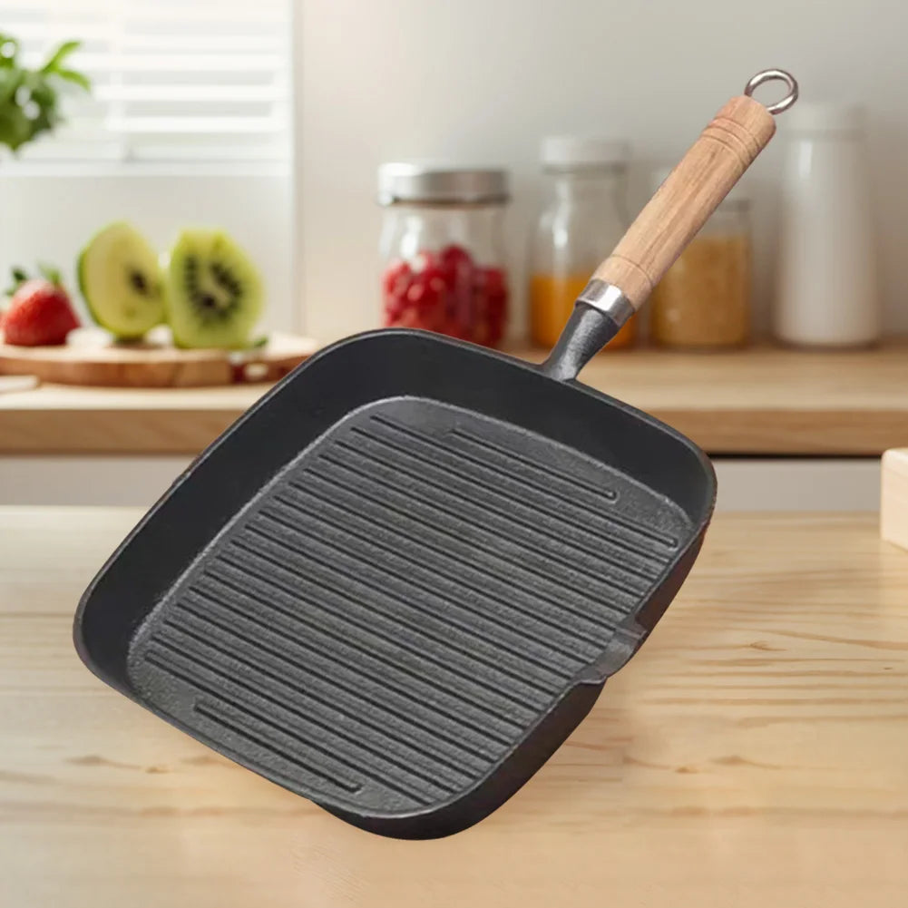 Cast Iron Skillet Frying Pan With Wooden Handle Uncoated Non Stick For Steak Camping Indoor Outdoor Use