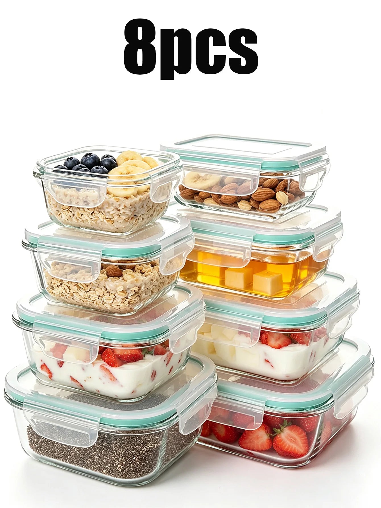 8-Piece Glass Food Storage Container Set with Lids – Microwave, Dishwasher & Fridge Safe, Meal Prep Rectangular Lunch Boxes